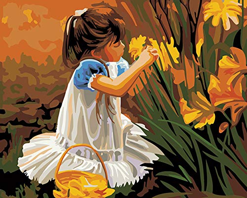 Pintar por números para niños adultos kit de pintura al óleo DIY Principiante - Chica recogiendo flores 622