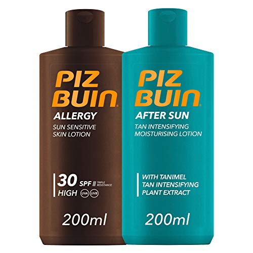 Piz Buin,Allergy Loción Piel Sensible al Sol, Cuerpo ,SPF 30, Protección alta,200ml + After Sun Loción Intensificadora del bronceado,200ml