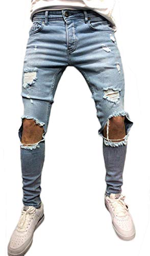 Pizoff - Pantalones vaqueros ajustados para hombre con roturas en las rodillas Am011-azul M