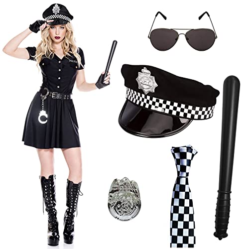 Policía Juego de 6 Accesorios para Fiestas de Disfraces con Gorro de Policía para Adultos, Insignia, Corbata, Esposas, Bastón, Gafas Negras para Hombres o Mujeres para Fiesta de Halloween de Cop