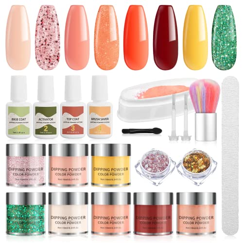 Polvo de Inmersión Para Uñas, Kit de Dip Powder Nail 8 Colores, Con Activador de Imprimación, Porcelana para Uñas, Kit de Inmersión de Polvo de Salón de Uñas DIY, Regalo Original Mujer