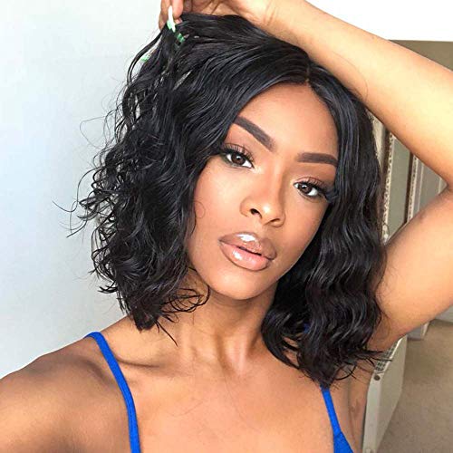 PORSMEER Peluca Corta Ondulada Negra Bob para Mujer, Color Natural Onda Rizado Brasileña Pelo Completo Sintéticas Hecho a Máquina Pelucas para Cosplay Disfraz o Diariamente (color:1B#)