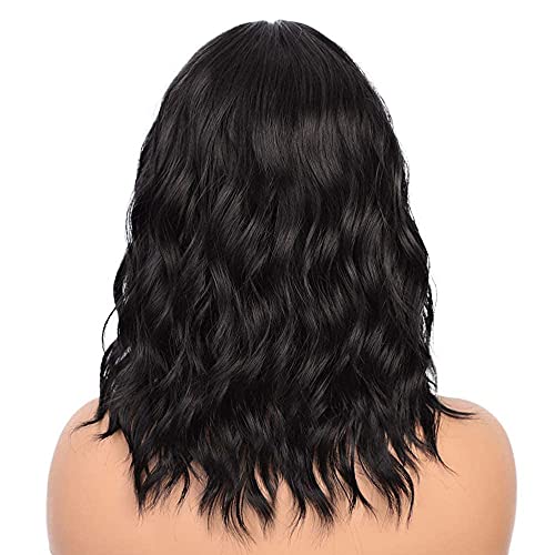 PORSMEER Peluca Corta Ondulada Negra Bob para Mujer, Color Natural Onda Rizado Brasileña Pelo Completo Sintéticas Hecho a Máquina Pelucas para Cosplay Disfraz o Diariamente (color:1B#)