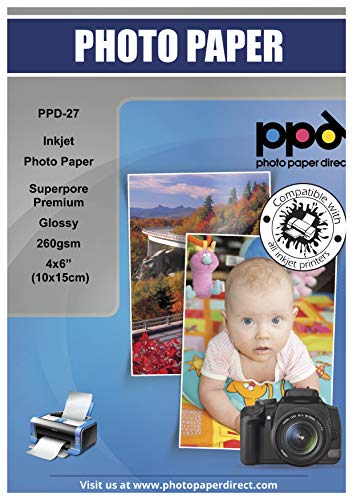 PPD Inkjet - 4 x 6” (aprox. 10 x 15 cm) x 100 Hojas de Papel Fotográfico Brillante 260 g/m² - Calidad Profesional - Secado Instantáneo - Para Impresión de Inyección de Tinta - PPD-27-100