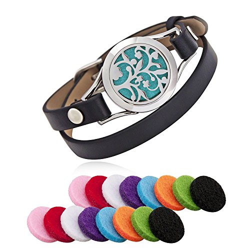 Pulsera de Cuero para Hombre Mujer, Aromaterapia Difusor de Aceites Esenciales Locket Acero Inoxidable, Aromaterapia de Pulsera, Brazalete con Hebillas Ajustable Regalo de Amistad