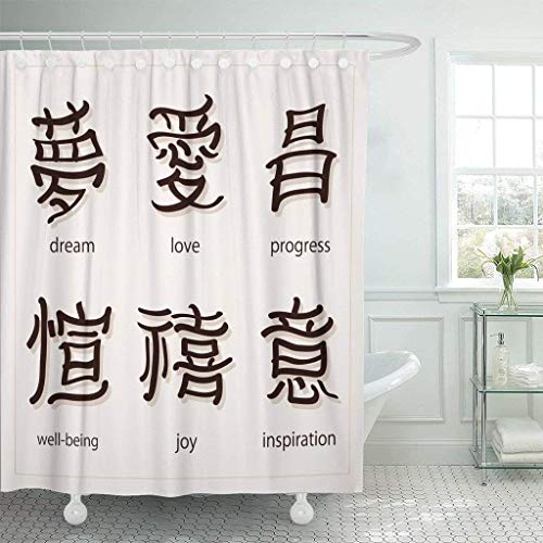 qhtqtt Tela para Cortinas De Baño con Ganchos Kanji Inglés con Letras De Traducción Alfabeto Asiático Libro Pincel Caligrafía Carácter 180X200Cm A