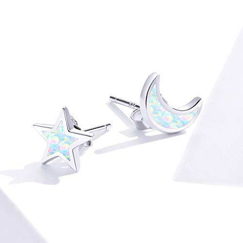 Qings Pendientes Estrella y Luna de Moda Pendientes Asimétricos de Plata de Ley 925 Envía Novia y Madre