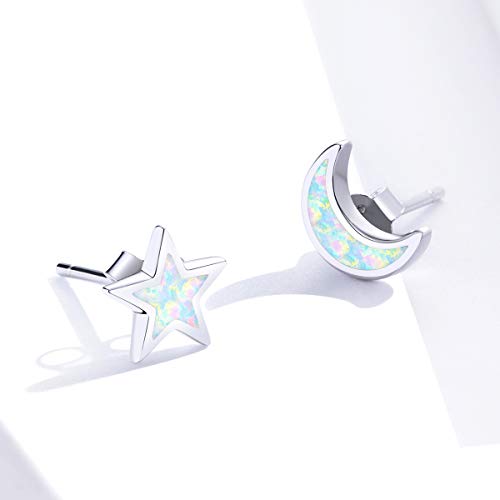 Qings Pendientes Estrella y Luna de Moda Pendientes Asimétricos de Plata de Ley 925 Envía Novia y Madre