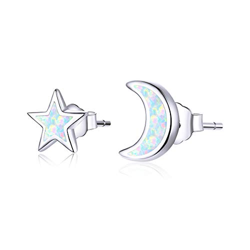 Qings Pendientes Estrella y Luna de Moda Pendientes Asimétricos de Plata de Ley 925 Envía Novia y Madre