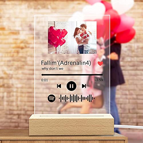 Q&K Arte de Vidrio de Spotify Personalizado Música Placa con ​Luz de Noche,Placa de Foto de Código de Spotify Escaneable Personalizada,Regalos para Novio, Novia, Tu Madre