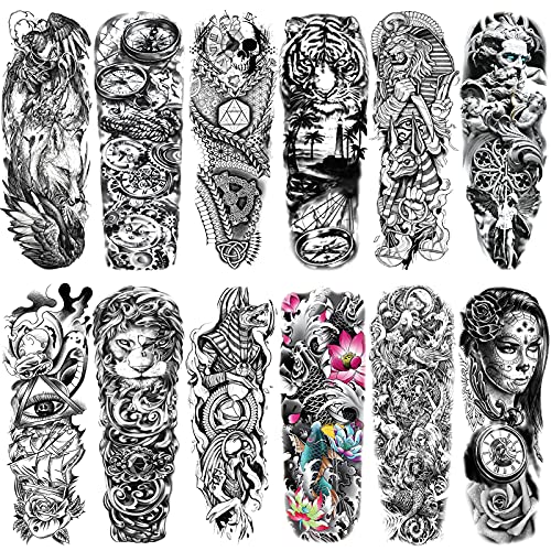 Qpout Transferencia De Agua Tatuajes Temporales Brazo Completo 12 Hojas Tatuajes De Manga Grande Pegatinas Rosa Bestia Lobo León Ojo De Tigre Cráneo Totem Tatuajes Falsos Tatuaje Negro Para Hombre