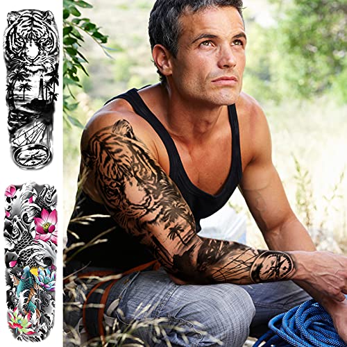 Qpout Transferencia De Agua Tatuajes Temporales Brazo Completo 12 Hojas Tatuajes De Manga Grande Pegatinas Rosa Bestia Lobo León Ojo De Tigre Cráneo Totem Tatuajes Falsos Tatuaje Negro Para Hombre