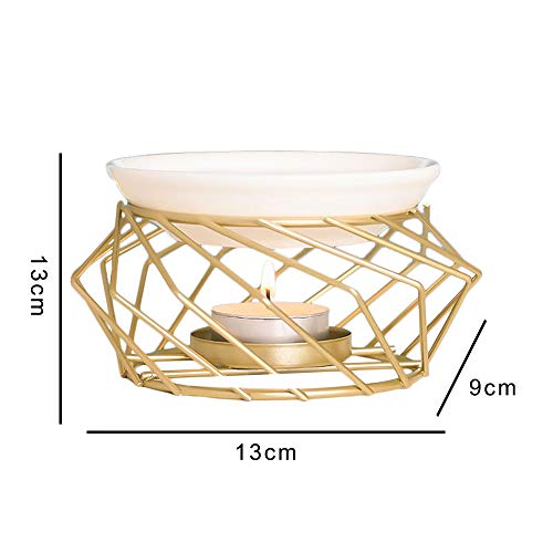 Quemador de Fusión de Cera Geométrica de Metal Dorado, Quemador de Aceite Esencial de Marco Candelita Candelita Quemador de Aroma Calentador de Cera con Bandeja de Cerámica