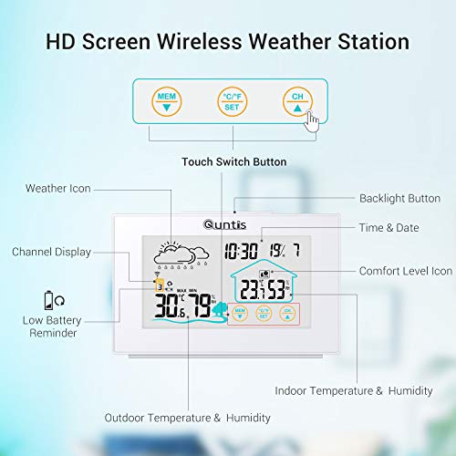 Quntis Estación Meteorológica Inalámbrica con Sensor Exterior,Termómetro Digital Higrómetro con Temperatura,Humedad,Pronóstico del Tiempo,Hora Local,Despertador,3 Canales,Pantalla Táctil para Casa