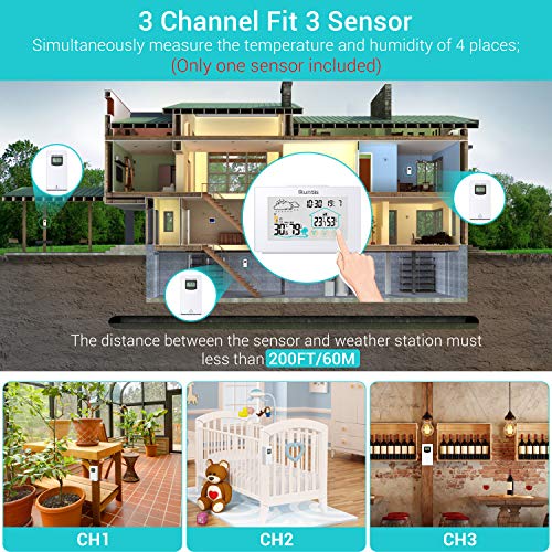 Quntis Estación Meteorológica Inalámbrica con Sensor Exterior,Termómetro Digital Higrómetro con Temperatura,Humedad,Pronóstico del Tiempo,Hora Local,Despertador,3 Canales,Pantalla Táctil para Casa