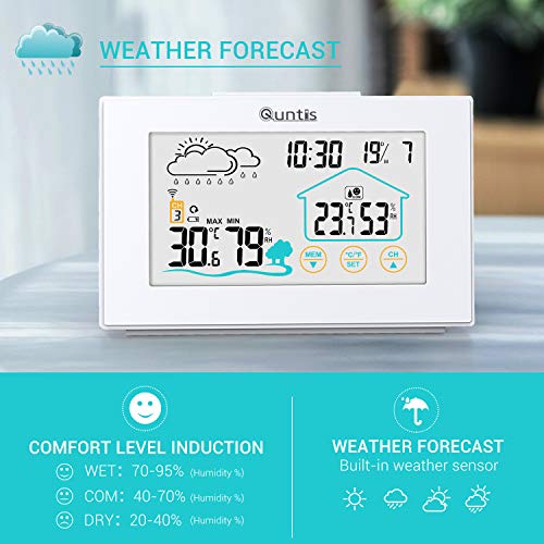 Quntis Estación Meteorológica Inalámbrica con Sensor Exterior,Termómetro Digital Higrómetro con Temperatura,Humedad,Pronóstico del Tiempo,Hora Local,Despertador,3 Canales,Pantalla Táctil para Casa