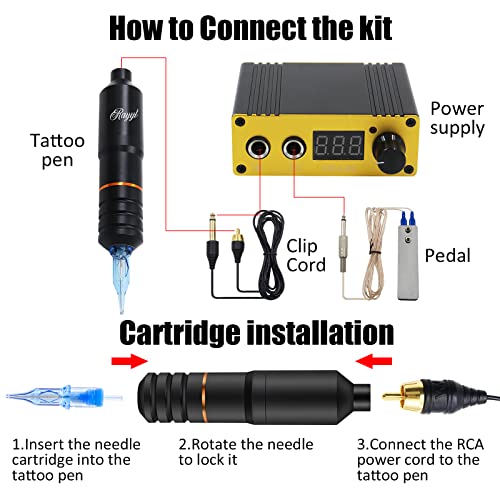 Rayyl Tattoo Pen Kit - Kit de tatuaje Pen Machine 40pcs Cartucho de agujas de tatuaje Mini Fuente de alimentación para tatuaje Práctica Piel Tattoo Grip Cover con estuche