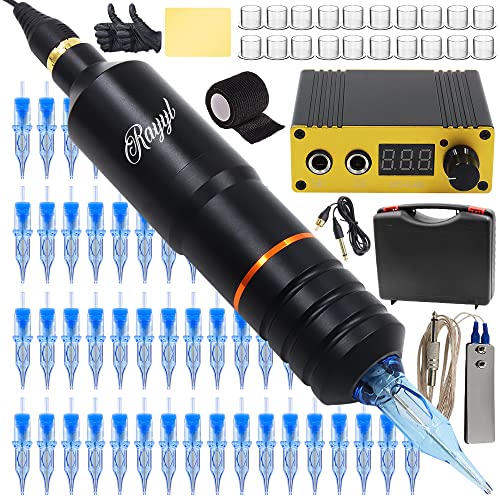 Rayyl Tattoo Pen Kit - Kit de tatuaje Pen Machine 40pcs Cartucho de agujas de tatuaje Mini Fuente de alimentación para tatuaje Práctica Piel Tattoo Grip Cover con estuche