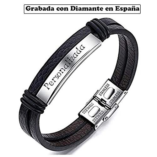 RecontraMago Pulsera Personalizada para Hombre y Mujer - Grabado en Diamante - Pulseras Personalizables de Acero Inoxidable y Cuero Regalo Nombre (Modelo 2 Plateado, 21)