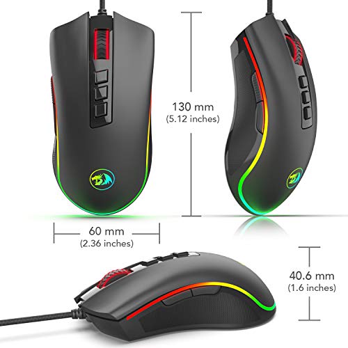 Redragon M711 COBRA Raton Gaming RGB Windows, Sensor Pixart P3325 10,000 DPI, 8 Botones Programables, Memoria integrada, Interruptores 20 Millones clics, Cable mallado. Raton Gamer PC Compatible