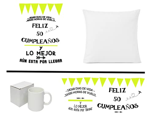 Regalo Originales 50 CUMPLEAÑOS Hombre Mujer COJÍN + Taza Original Mensajes de Amor Cojines Decorativos I Taza Desayuno Original Idea Regalo Cumpleaños.(Pack 50 AÑOS)