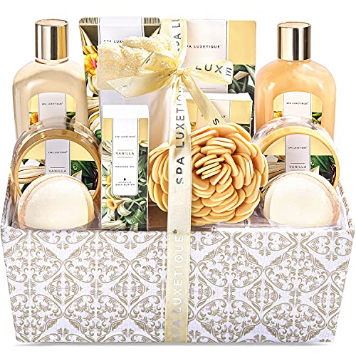 Regalo para Ella - SPA LUXETIQUE Set de Baño con 12 Piezas, Set de Spa a Fragancia Vainilla, Incluye Aceite de Masaje, Sales de Baño, Bombas de Baño, Gorro para Secar Cabello, Set de Baño para Navidad