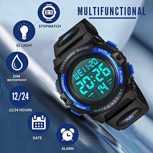 Reloj para Niños de 6 a 15 Años, Cronógrafo Multifuncional Deportivo Digital para Exteriores LED 64 M Reloj Despertador Resistente al Agua Analógico para Niños con Banda de Silicona Azul