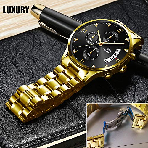 Relojes de hombre de lujo moda casual vestido cronógrafo impermeable militar cuarzo relojes de pulsera para hombres banda de acero inoxidable oro negro