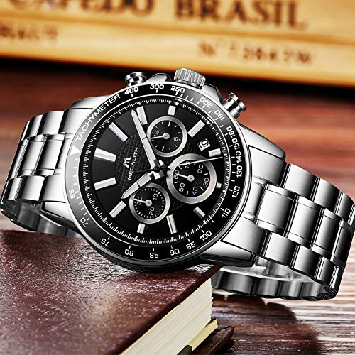 Relojes de Hombre Relojes de Pulsera Cronógrafo Deportivo Impermeable Lujo de Plata Acero Inoxidable Relojes Hombre Negocios Casuales Analogicos día Fecha Calendario