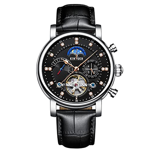 Relojes Mecanicos para Hombres De Lujo Clásico Relojes Analógico Calendario De Fase Lunar Impermeable Luminoso Reloj De Pulsera De Piel para Hombre Regalos,Negro