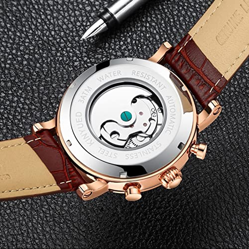 Relojes Mecanicos para Hombres De Lujo Clásico Relojes Analógico Calendario De Fase Lunar Impermeable Luminoso Reloj De Pulsera De Piel para Hombre Regalos,Negro