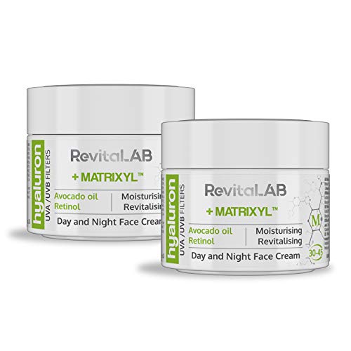 RevitaLAB - Crema antiarrugas de día y de noche con ácido hialurónico enriquecida con aceite de aguacate, matrixyl, retinol y filtros UV, franja de edad 30-45, 2x 50 ml (multipaquete)