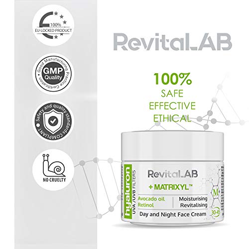RevitaLAB - Crema antiarrugas de día y de noche con ácido hialurónico enriquecida con aceite de aguacate, matrixyl, retinol y filtros UV, franja de edad 30-45, 2x 50 ml (multipaquete)