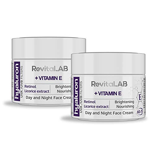 RevitaLAB - Crema antiarrugas de día y de noche enriquecida con vitamina A, vitamina E, extracto de raíz de regaliz, ácido hialurónico y filtros UV, franja de edad 60-75, 2x 50 ml (multipaquete)