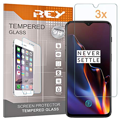 REY 3X Protector de Pantalla para ONEPLUS 6T / One Plus 6T, Cristal Vidrio Templado Premium