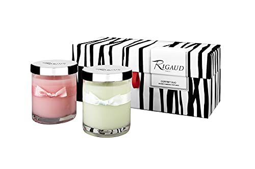 Rigaud COF200040 - Velas aromáticas (2 Unidades, en Estuche, Aromas Rose y Jasmin de Rosa y jazmín), Colores Rosa y Verde Claro