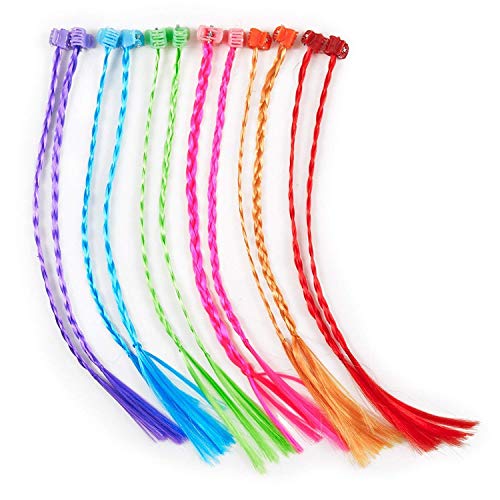 Rmeet Trenza de Pelo Niños,12 Pack Coloreado Extensiones de Cabello Clip-on Trenzadas con Broche de Neón para Favores de Fiesta de Cumpleaños Disfraces para Rendimiento 33CM