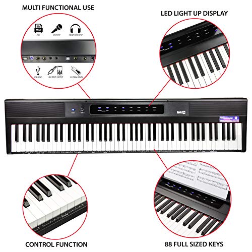 RockJam Teclado de piano digital para principiantes Piano con teclas semipesadas de tamaño completo, Soporte de música, Fuente de alimentación y altavoces incorporados