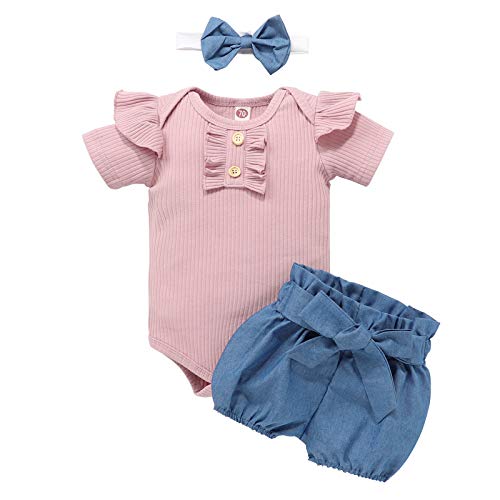 Ropa Bebe Niña Verano Fossen Recién Nacido 0 a 24 Meses Monos con Volantes y Florales Pantalones Cortos,Conjunto/2PC (Morado, 12-18 Meses)