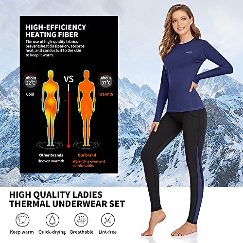 Ropa Interior Térmica Mujer, Camiseta Térmica Mujer Deportes Ropa Interior Funcional Conjuntos Térmicos Termo Invierno Otoño con muy elástica para Running Esquí Montaña Ciclismo Fitness Azul M