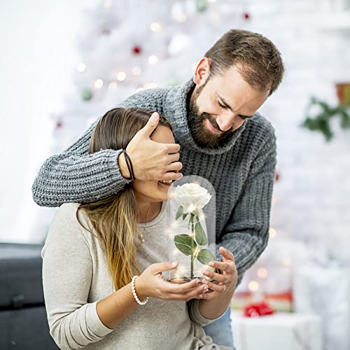 Rosa Eterna, MOOKLIN ROAM Bella y la Bestia Rosa de Seda y luz LED con Cúpula de Cristal y Base de Madera, Regalo Sorpresa para Día de San Valentín Día de la Madre Cumpleaños Aniversario Boda - Blanco