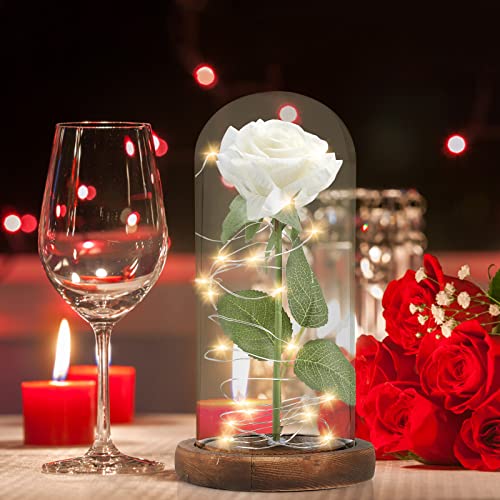 Rosa Eterna, MOOKLIN ROAM Bella y la Bestia Rosa de Seda y luz LED con Cúpula de Cristal y Base de Madera, Regalo Sorpresa para Día de San Valentín Día de la Madre Cumpleaños Aniversario Boda - Blanco