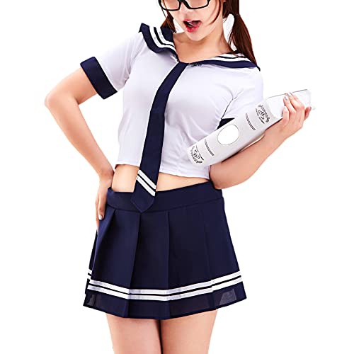 ROSAA Traje Sexy JK Uniforme Japonesa, Colegialas Marinero Disfraz Set Halloween Cosplay de Anime para Mujeres Vestido Escolar Camiseta con Lacito Viene con Top Corto + Mini Falda Plisada Azul (M)