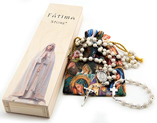 Rosario Religioso de Petalo de Jazmin, con Medalla VIRGEN DE FATIMA, Cruz, Caja de Madera y Bolsa con Imágenes de la Virgen María. Convertible en Collares Mujer. Rosario Petalo Jazmin VF