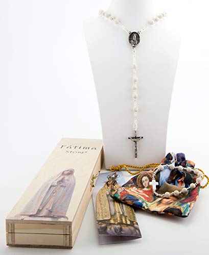 Rosario Religioso de Petalo de Jazmin, con Medalla VIRGEN DE FATIMA, Cruz, Caja de Madera y Bolsa con Imágenes de la Virgen María. Convertible en Collares Mujer. Rosario Petalo Jazmin VF