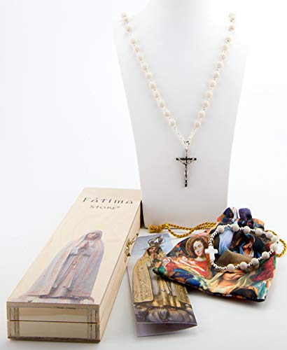 Rosario Religioso de Petalo de Jazmin, con Medalla VIRGEN DE FATIMA, Cruz, Caja de Madera y Bolsa con Imágenes de la Virgen María. Convertible en Collares Mujer. Rosario Petalo Jazmin VF