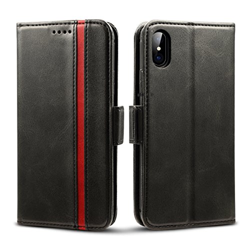 Rssviss Funda iPhone XS/X - Funda de Cuero para iPhone XS/X Flip [4 Ranuras para Tarjetas y Moneda] con [Cierre magnético] Estuche Tarjeta para iPhone XS/X Cáscara 5.8" Negro