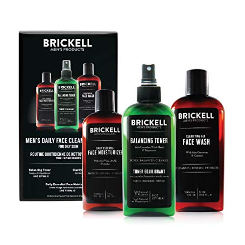 Rutina de limpieza diaria para hombres Brickell para pieles grasas, tóner sin alcohol, gel de lavado facial e hidratante, natural y orgánico, Sin perfume
