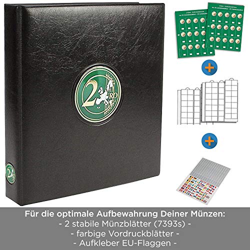 Safe 7343 Álbum de monedas premium seguro 7343 "2 euros universales" + 2 fundas de monedas 7393S con páginas preimpresas en color + juego de pegatinas Banderas - años