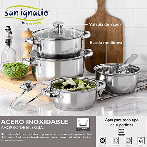 San Ignacio Batería de cocina 7 piezas en acero inoxidable + Juego de 3 sartenes 16/20/24 cm, PK3375